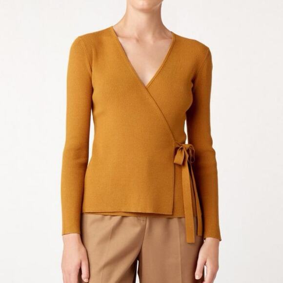 hobbs london Sweaters - Hobbs London Isabelle Honey Gold Ribbed Knit Wrap Sweater Size Large